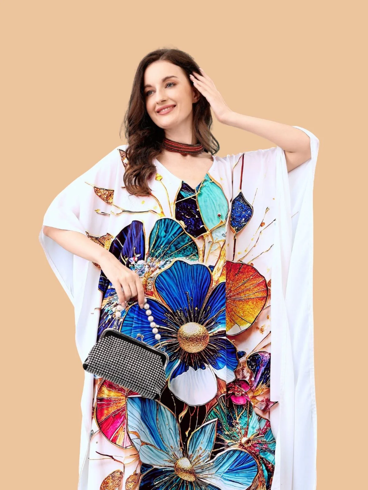 Odette White Silk Blend Printed Kaftan For Women - Image 4