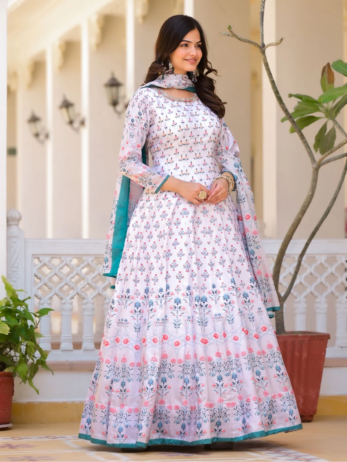 Odette White Silk Blend Printed Stitched Gown For Women - Image 3