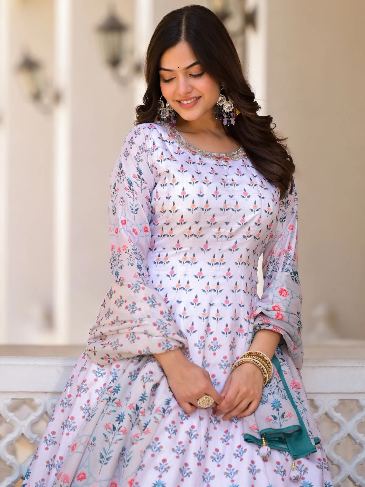 Odette White Silk Blend Printed Stitched Gown For Women - Image 4