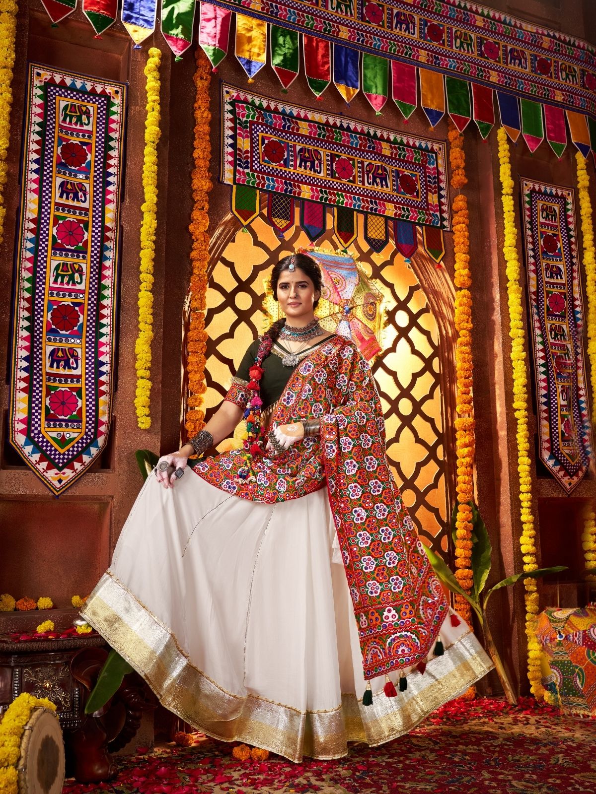 Odette White Silk Blend Semi-Stitched lehenga With Stunning Tassels For Women - Image 3