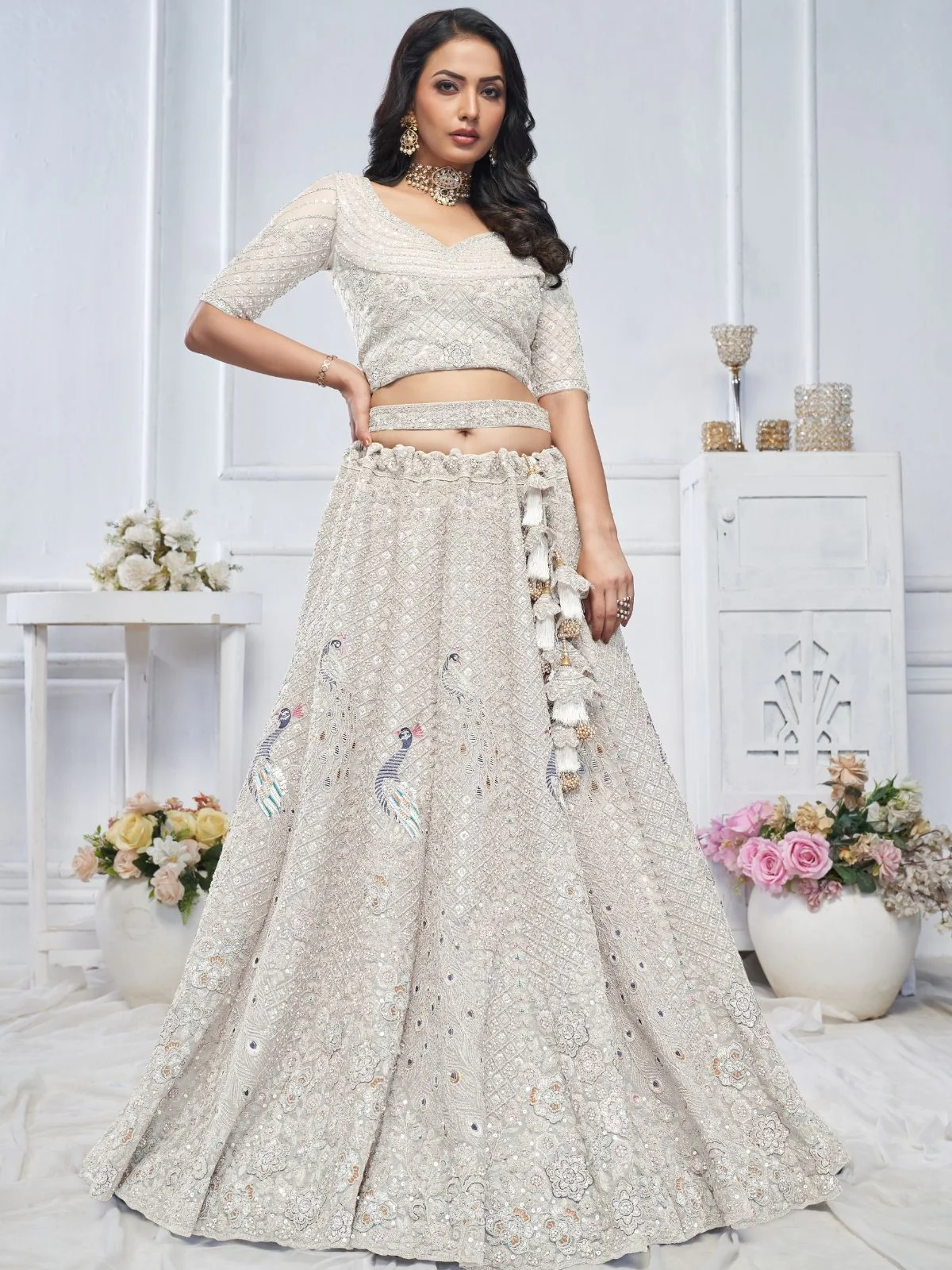 Odette White Soft Net Embellished Semi-Stitched Lehenga With Unstitched Blouse For Women - Image 2