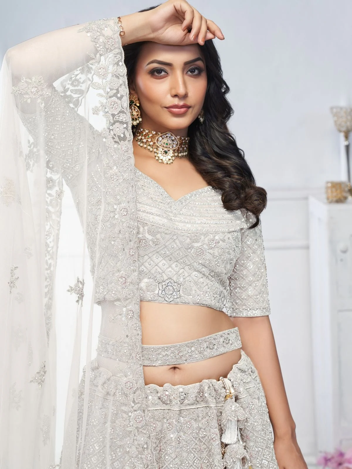 Odette White Soft Net Embellished Semi-Stitched Lehenga With Unstitched Blouse For Women - Image 4