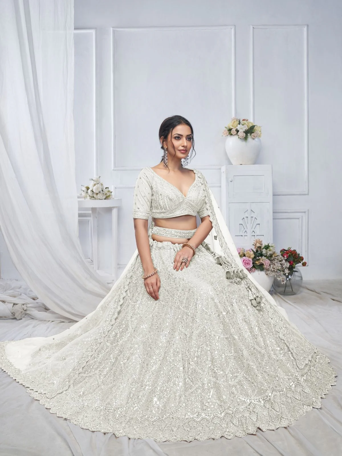 Odette White Soft Net Embellished Semi-Stitched Lehenga With Unstitched Blouse For Women - Image 3