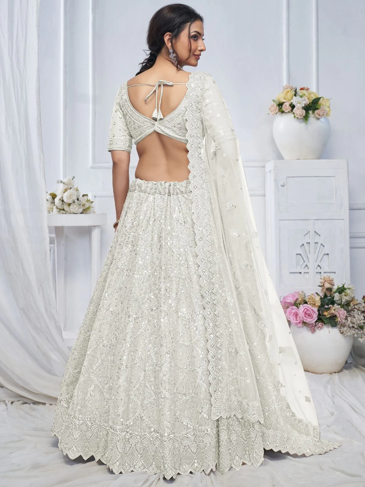 Odette White Soft Net Embellished Semi-Stitched Lehenga With Unstitched Blouse For Women - Image 5