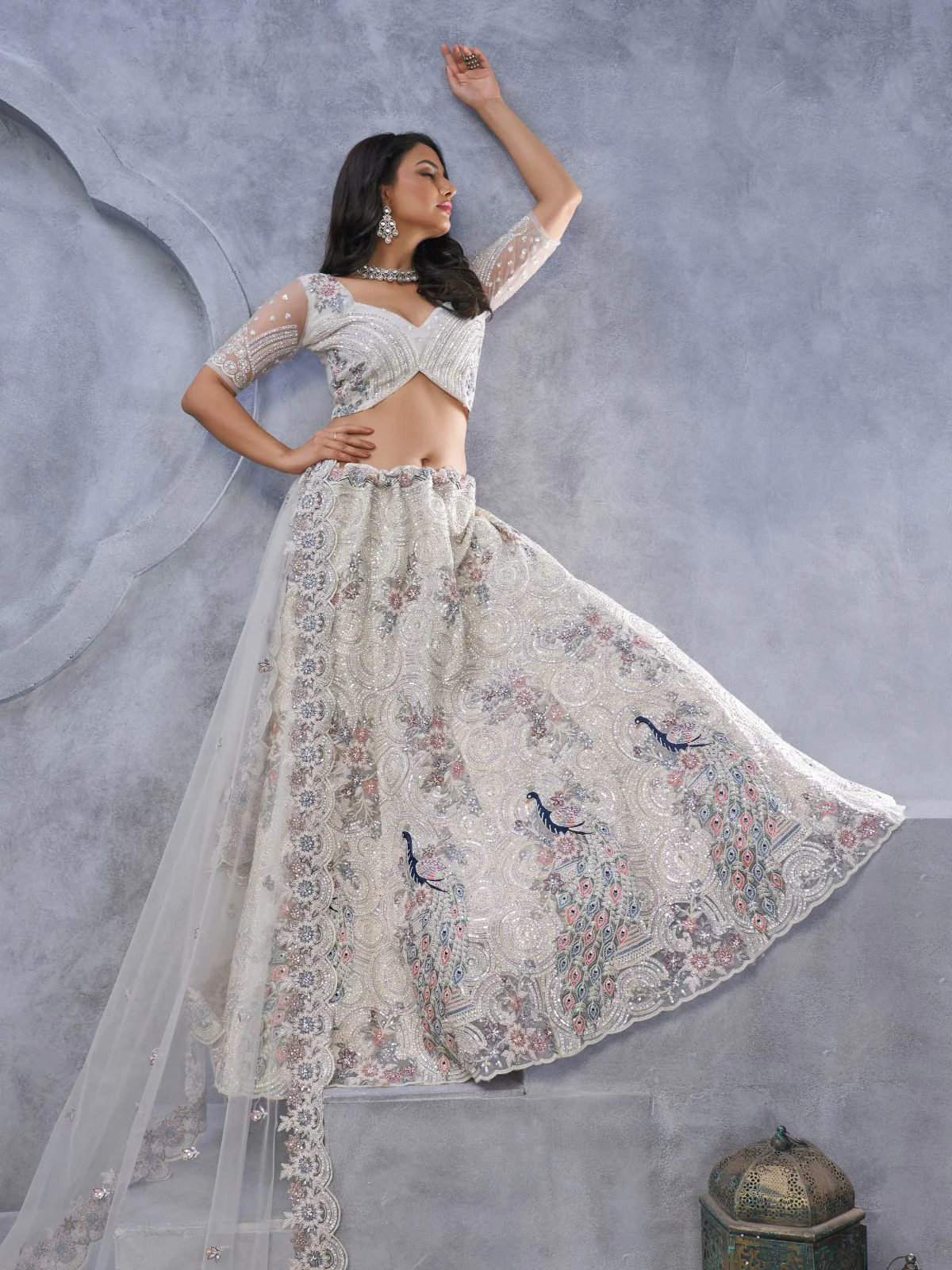 Odette White Soft Net Embellished Semi-Stitched Lehenga With Unstitched Blouse For Women - Image 3