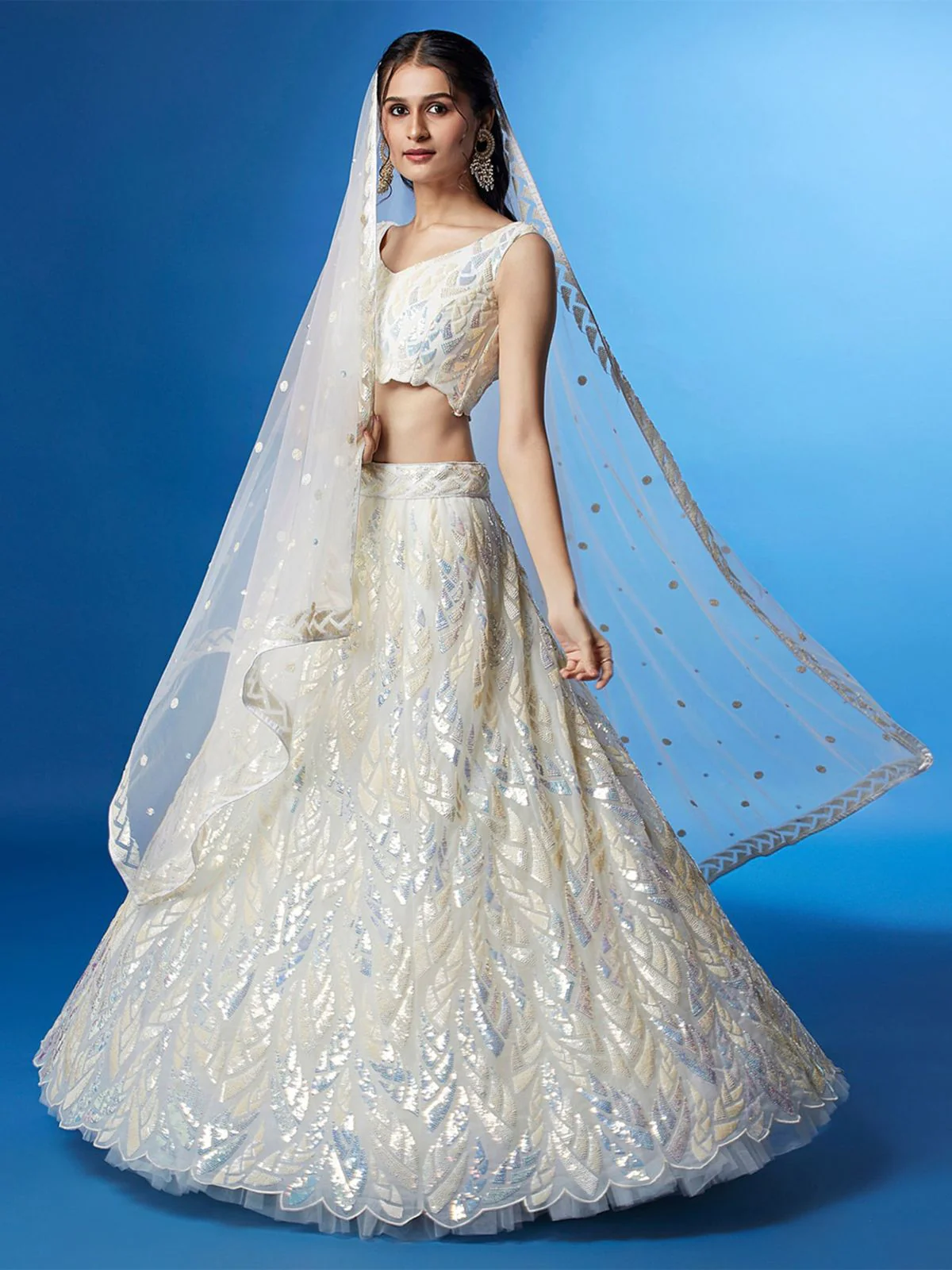 Odette White Soft Net Embellished Semi Stitched Lehenga With Unstitched Blouse For Women - Image 2