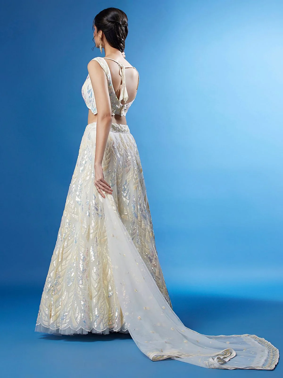 Odette White Soft Net Embellished Semi Stitched Lehenga With Unstitched Blouse For Women - Image 4