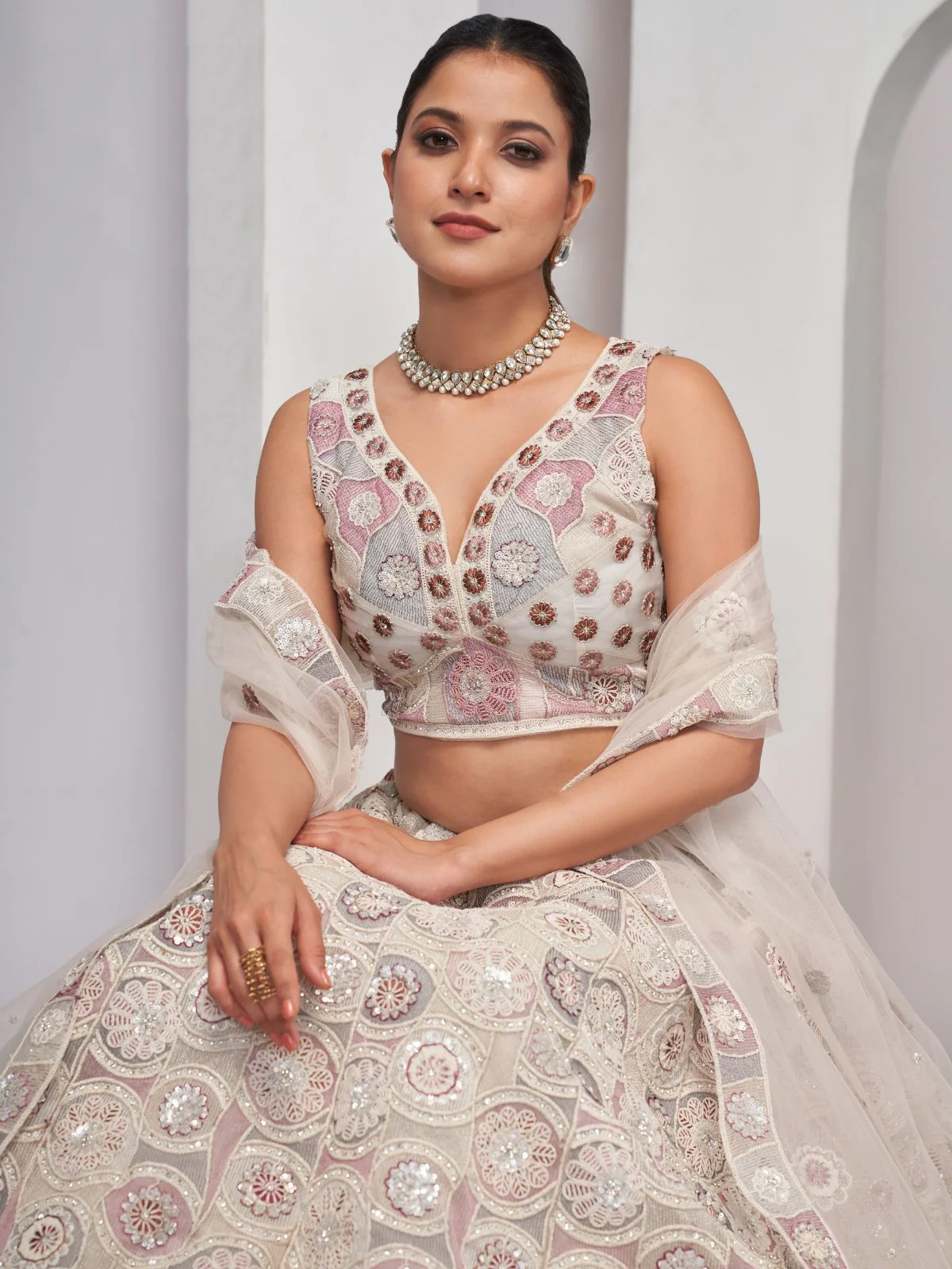 Odette White Soft Net Embroidered Semi Stitched Lehenga With Unstitched Blouse For Women - Image 3
