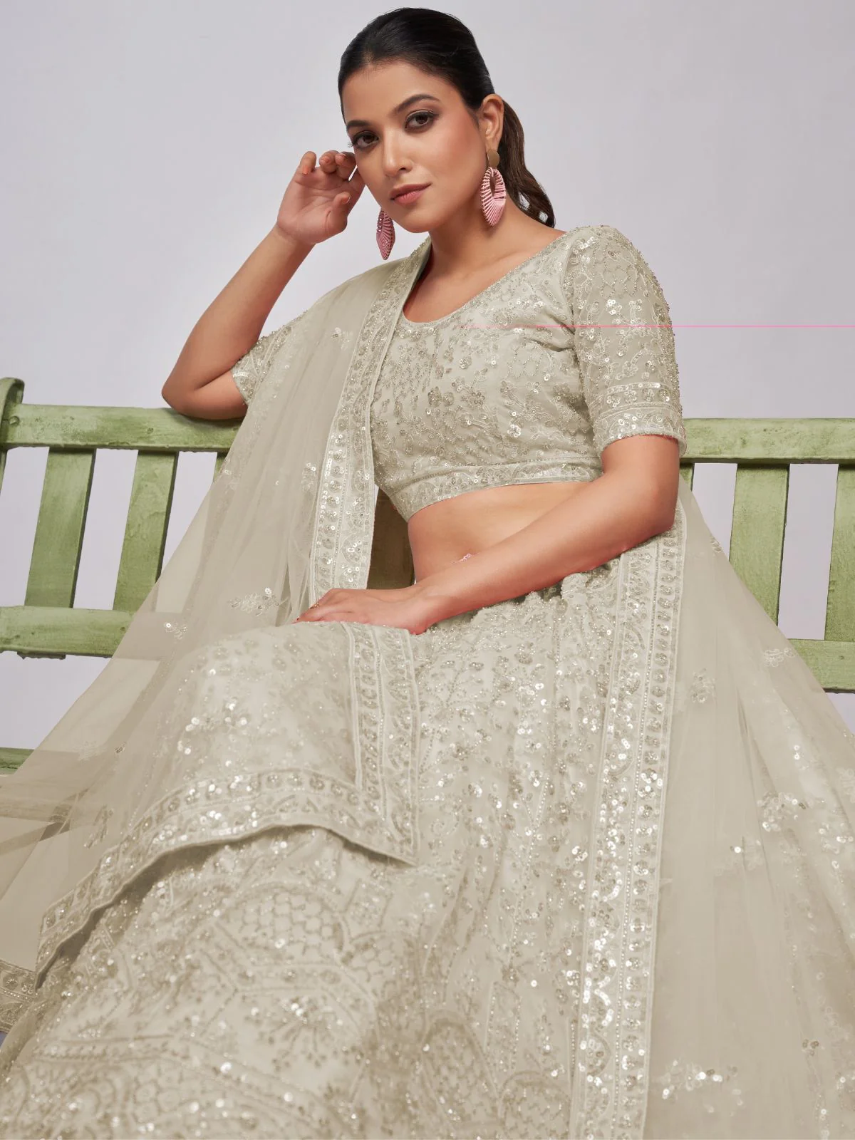 Odette White Soft Net Embroidered Semi Stitched Lehenga With Unstitched Blouse For Women - Image 2