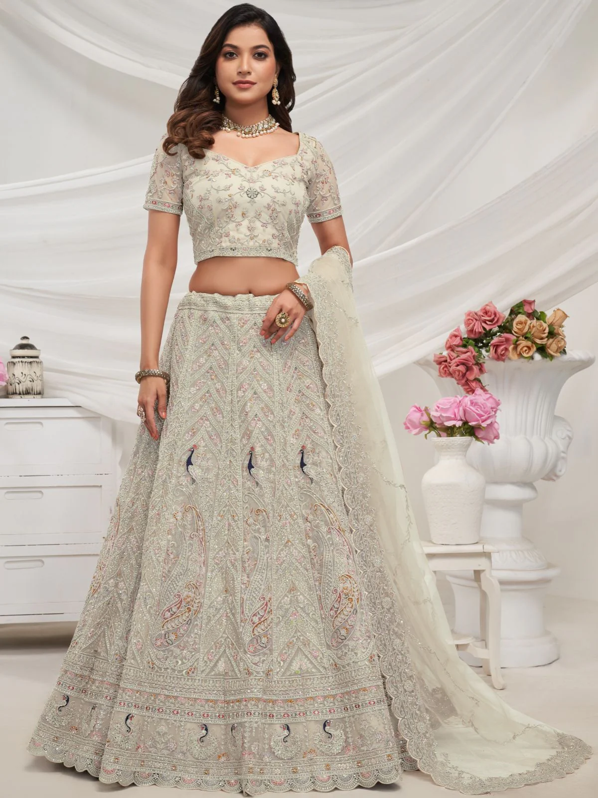 Odette White Soft Net Embroidered Semi Stitched Lehenga With Unstitched Blouse For Women - Image 2