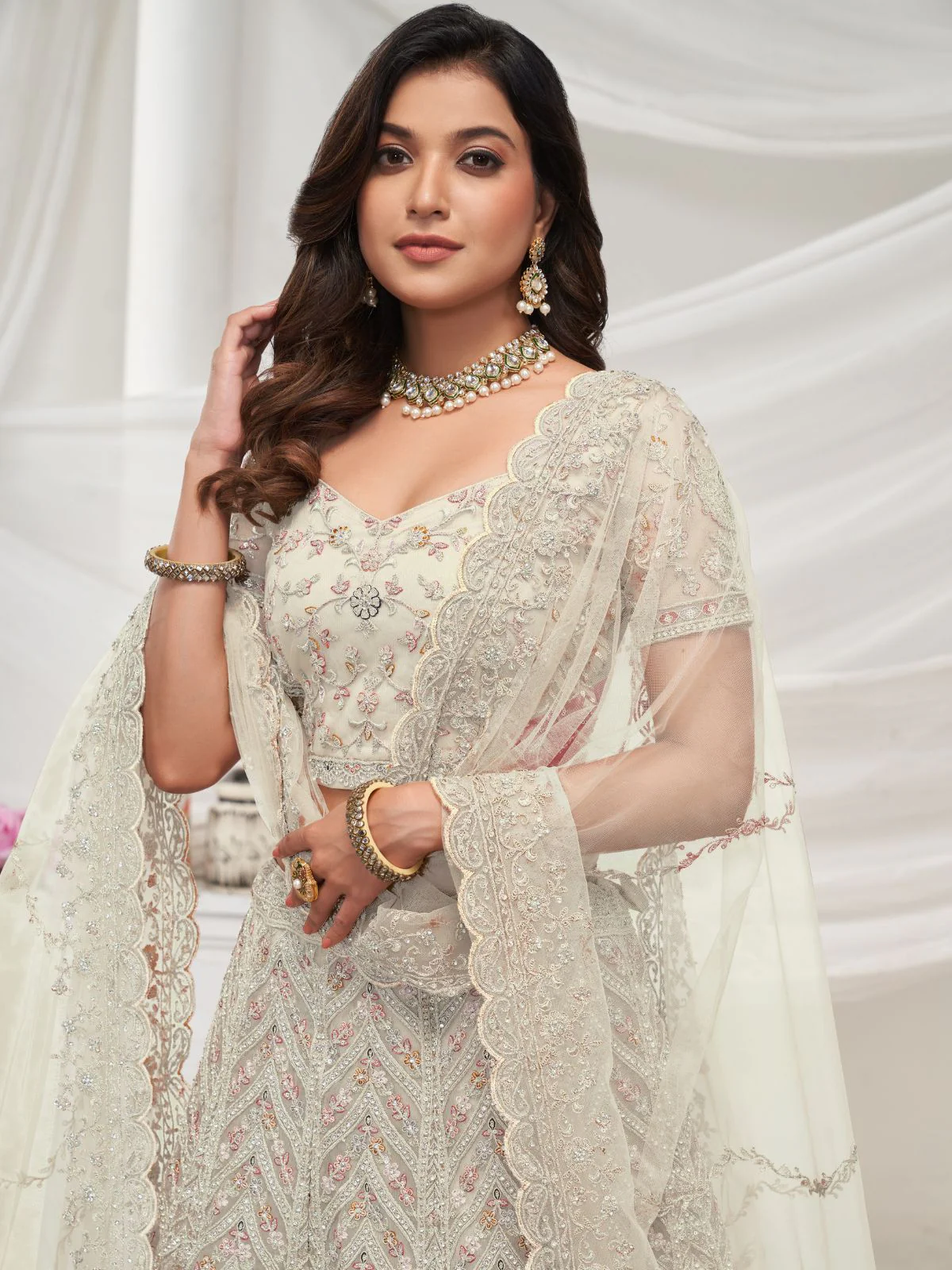 Odette White Soft Net Embroidered Semi Stitched Lehenga With Unstitched Blouse For Women - Image 3