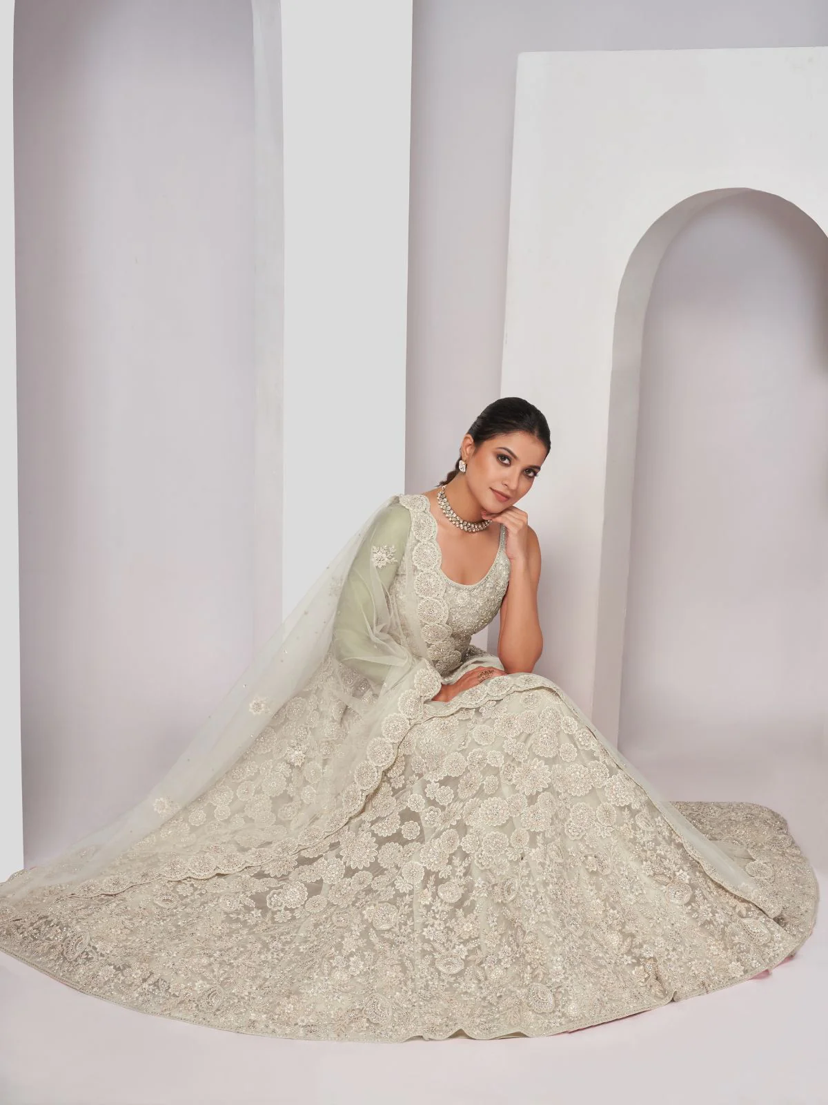 Odette White Soft Net Embroidered Semi Stitched Lehenga With Unstitched Blouse For Women - Image 2