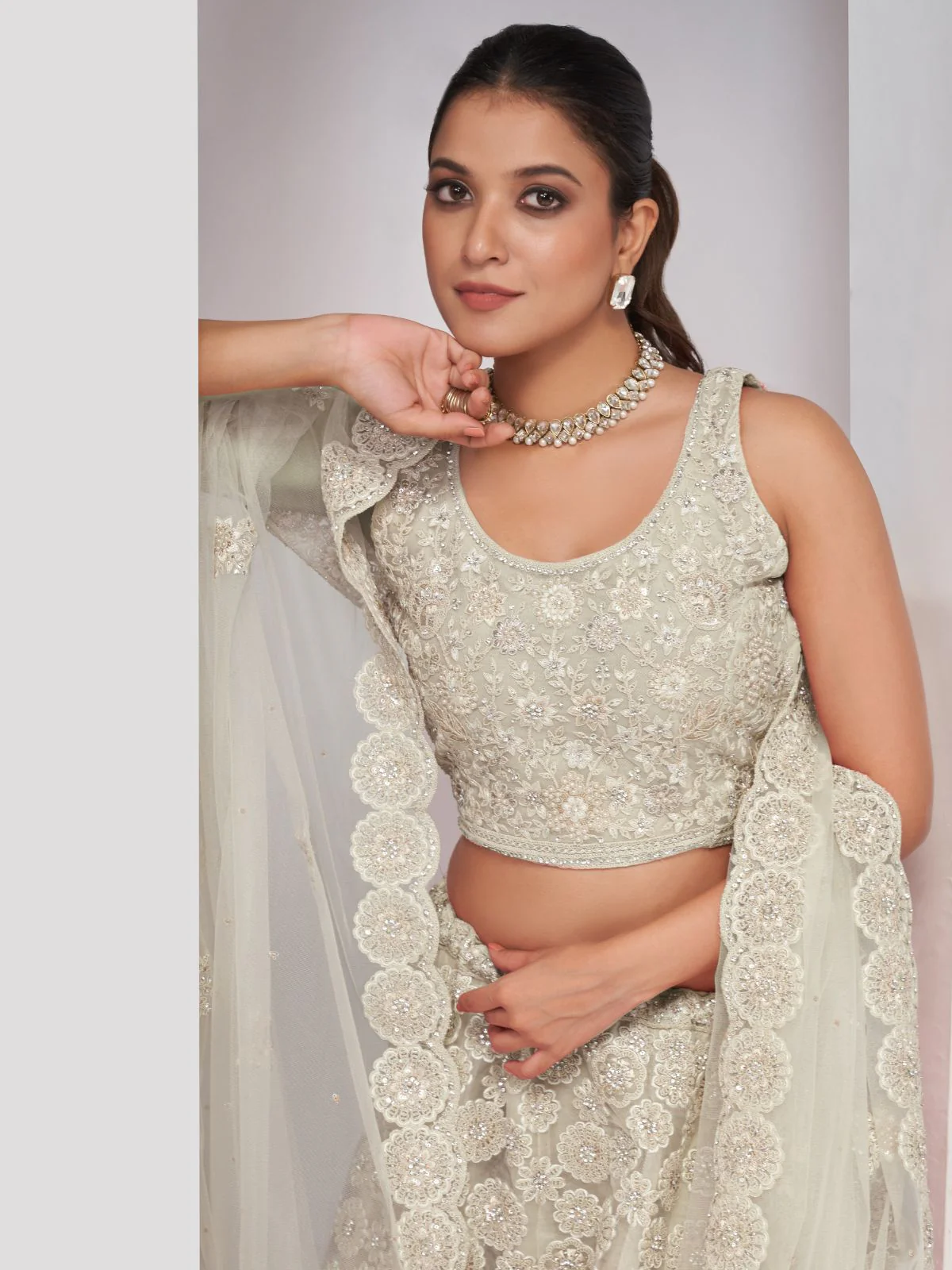 Odette White Soft Net Embroidered Semi Stitched Lehenga With Unstitched Blouse For Women - Image 4