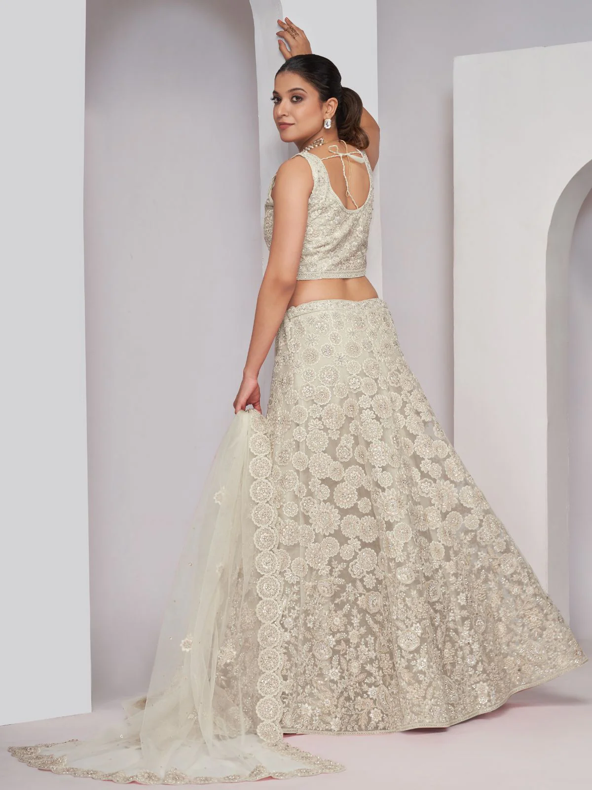 Odette White Soft Net Embroidered Semi Stitched Lehenga With Unstitched Blouse For Women - Image 5