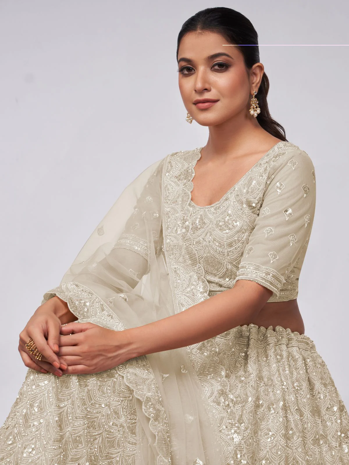 Odette White Soft Net Embroidered Semi Stitched Lehenga With Unstitched Blouse For Women - Image 3