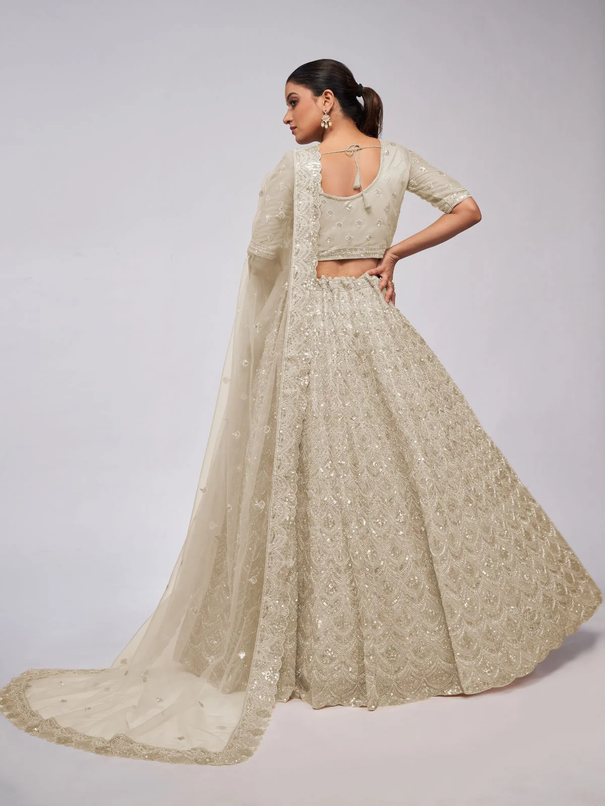 Odette White Soft Net Embroidered Semi Stitched Lehenga With Unstitched Blouse For Women - Image 5