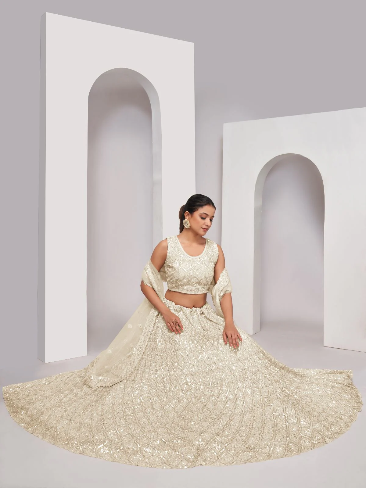 Odette White Soft Net Embroidered Semi Stitched Lehenga With Unstitched Blouse For Women - Image 3
