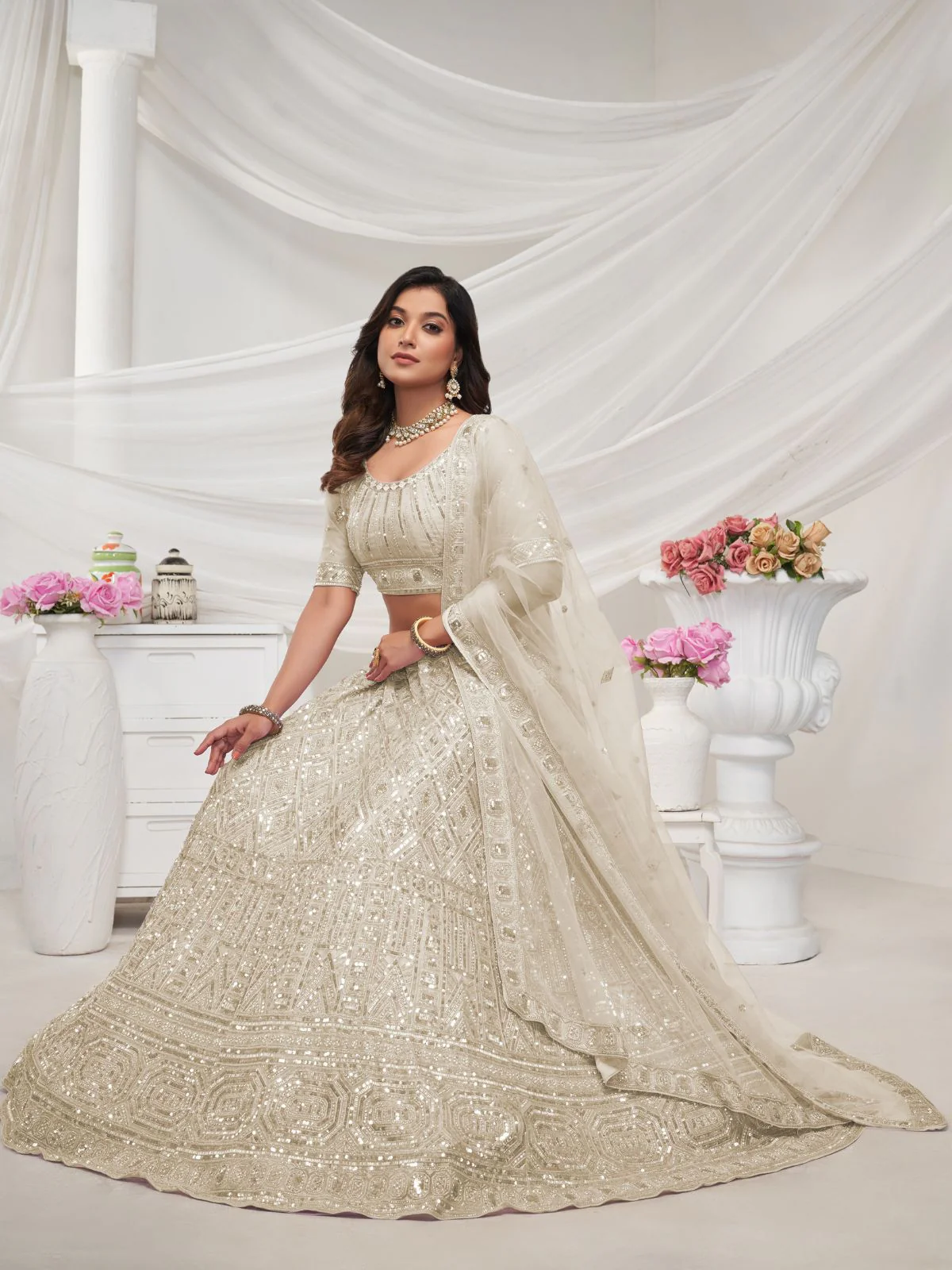Odette White Soft Net Embroidered Semi Stitched Lehenga With Unstitched Blouse For Women - Image 2