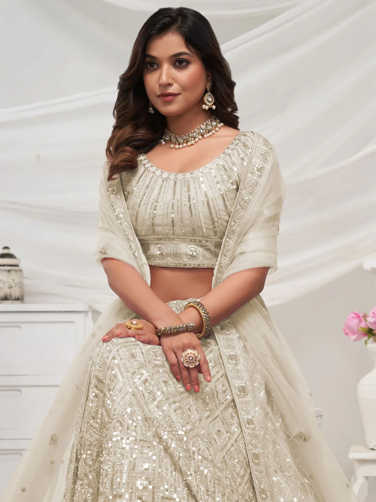 Odette White Soft Net Embroidered Semi Stitched Lehenga With Unstitched Blouse For Women - Image 3
