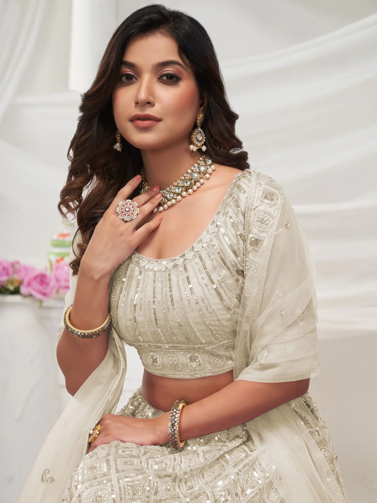 Odette White Soft Net Embroidered Semi Stitched Lehenga With Unstitched Blouse For Women - Image 4