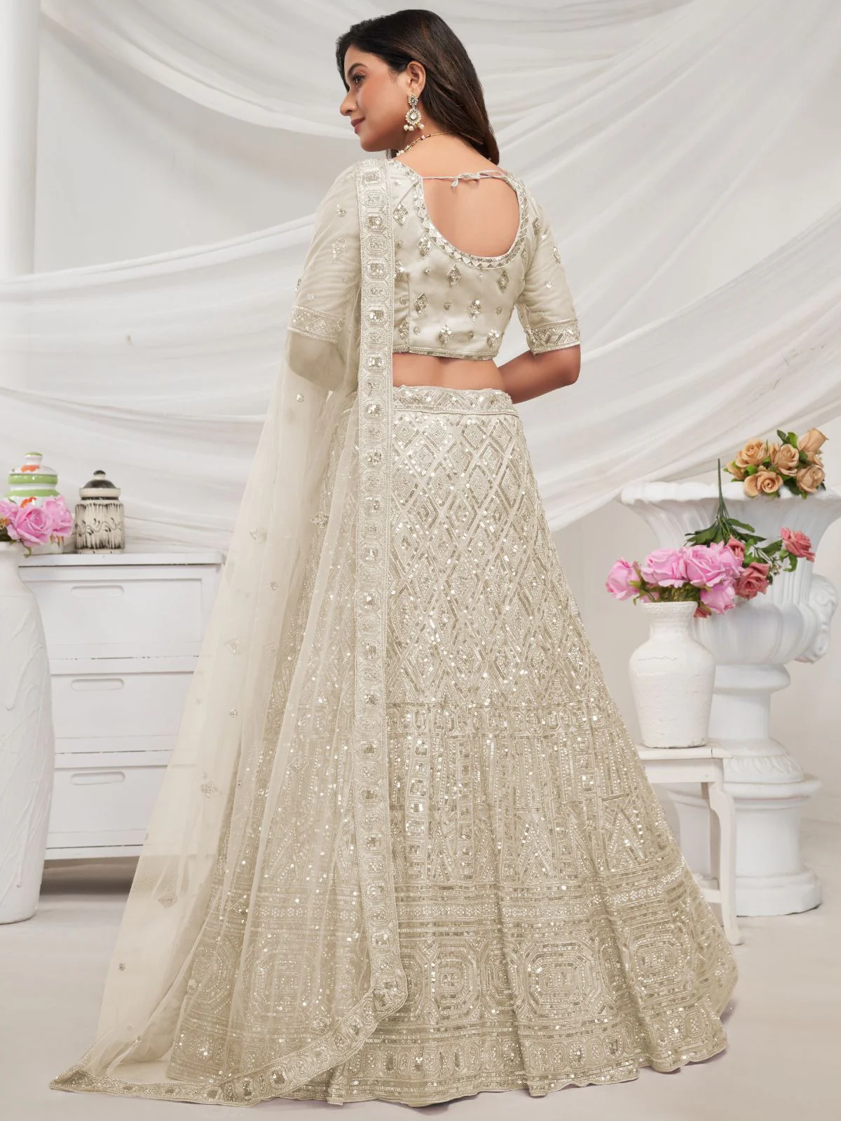 Odette White Soft Net Embroidered Semi Stitched Lehenga With Unstitched Blouse For Women - Image 5