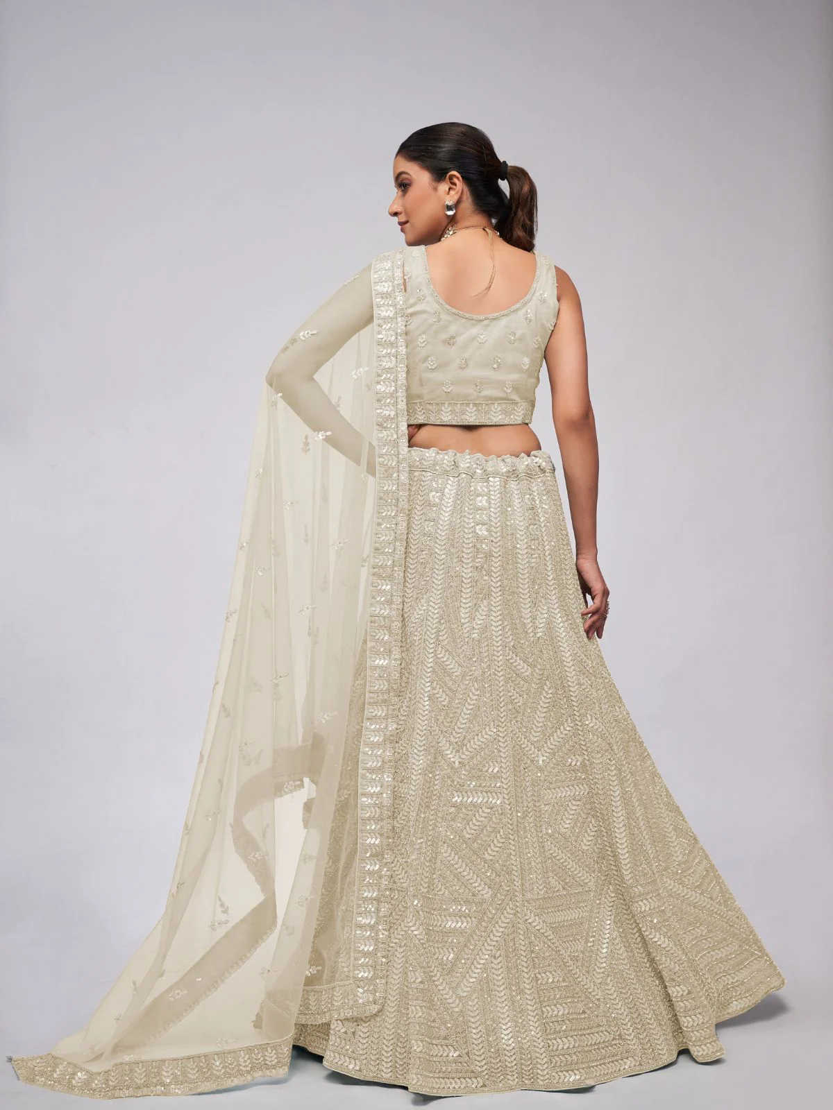 Odette White Soft Net Embroidered Semi Stitched Lehenga With Unstitched Blouse For Women - Image 5