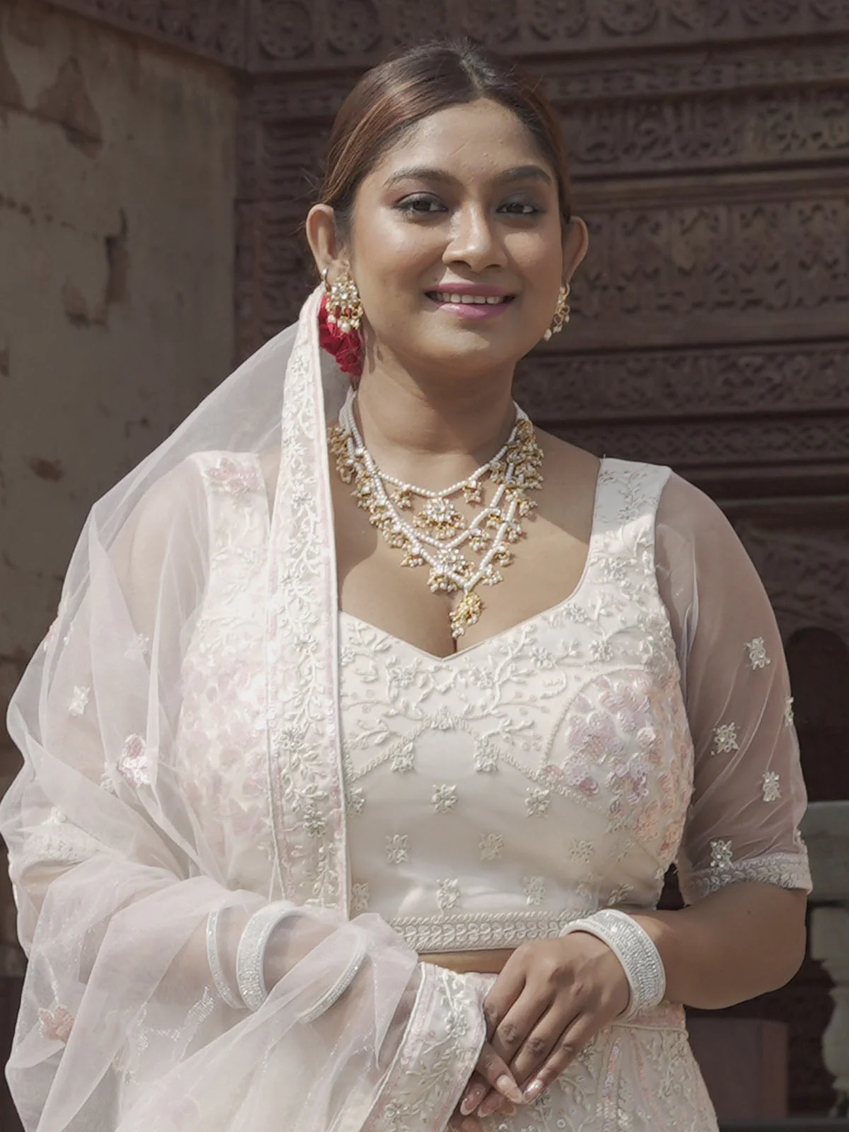 Odette White Soft Net Embroidered Semi Stitched Lehenga With Unstitched Blouse For Women - Image 4