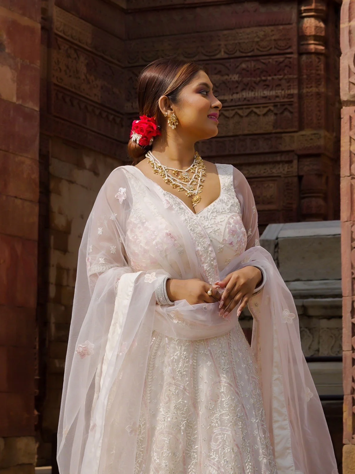 Odette White Soft Net Embroidered Semi Stitched Lehenga With Unstitched Blouse For Women - Image 5