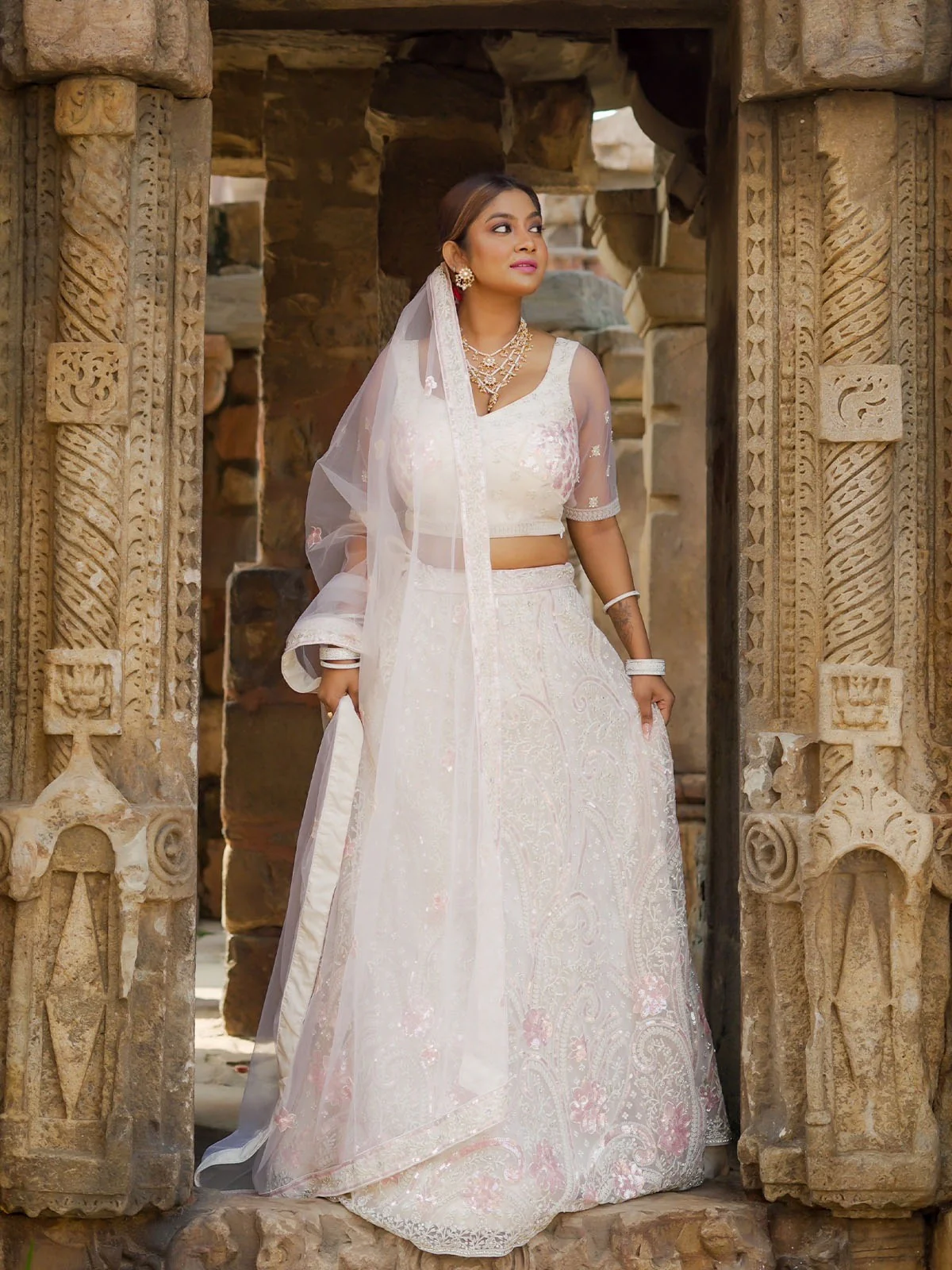 Odette White Soft Net Embroidered Semi Stitched Lehenga With Unstitched Blouse For Women - Image 6