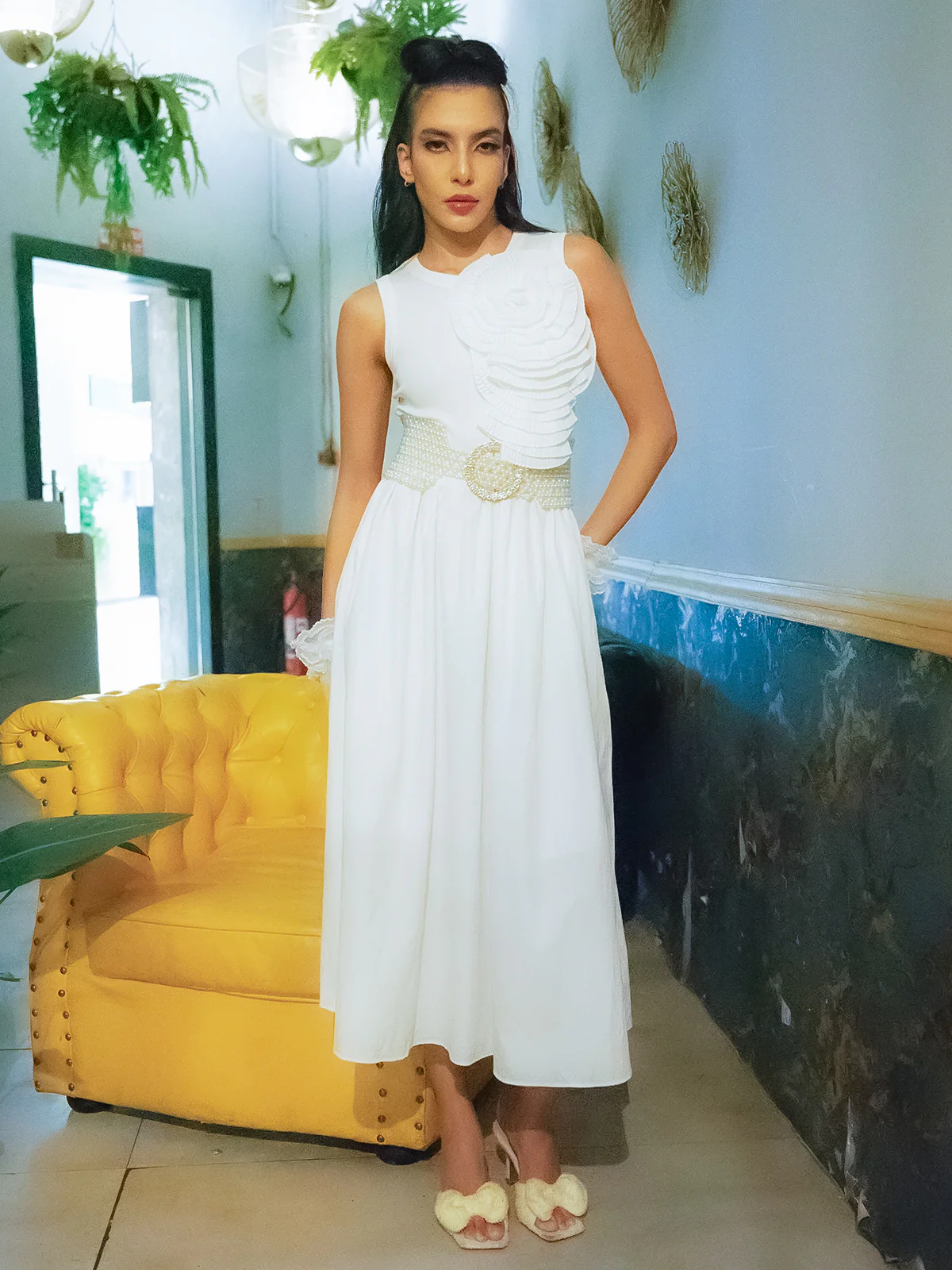 Odette White Rib and Cotton Solid Western Dress For Women - Image 3