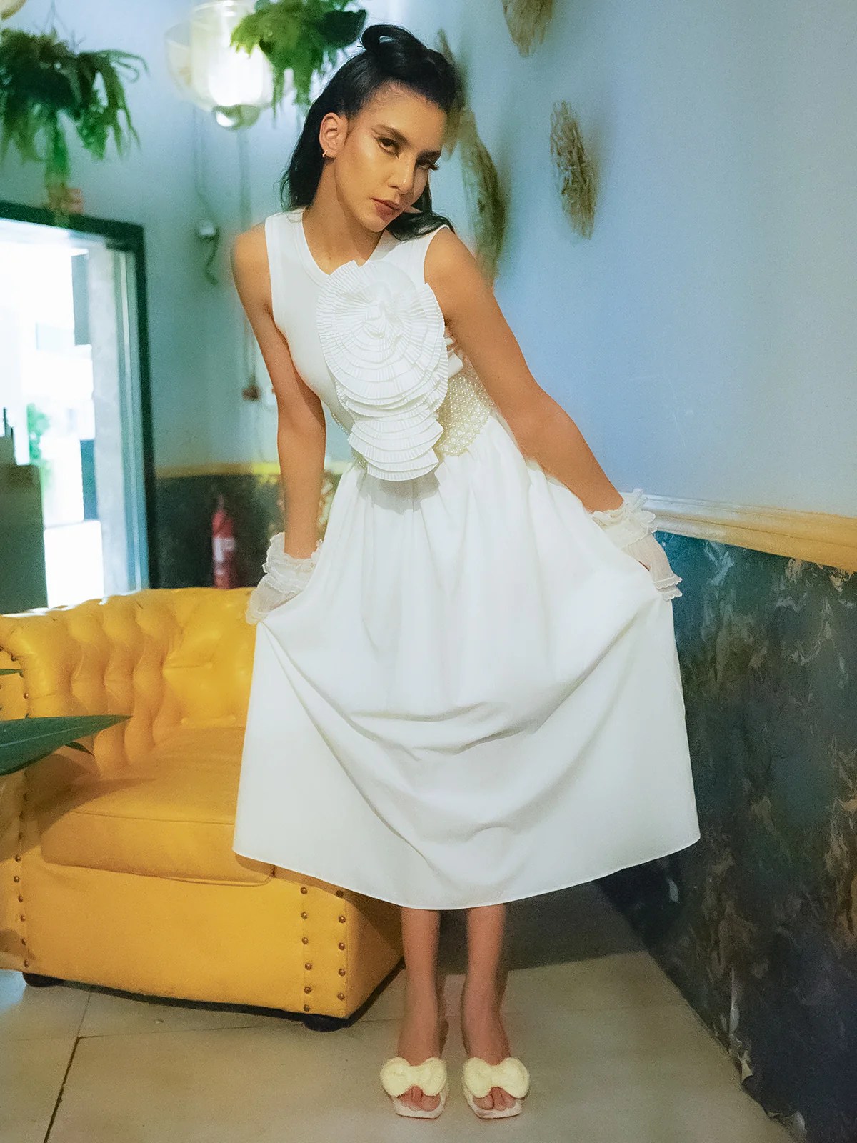 Odette White Rib and Cotton Solid Western Dress For Women - Image 4