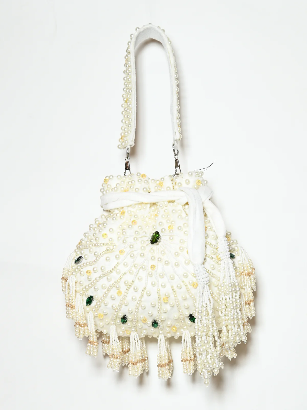 Odette White Suede Pearl Embellished Potli For Women - Image 4