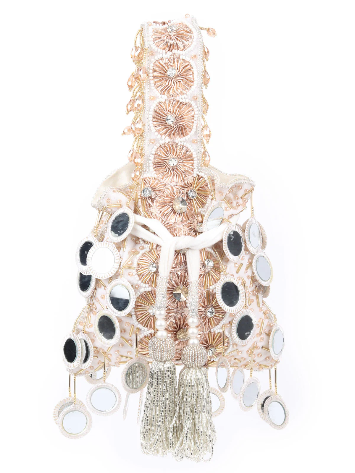Odette White Suede Sequins, Mirror Work Potli For Women - Image 3