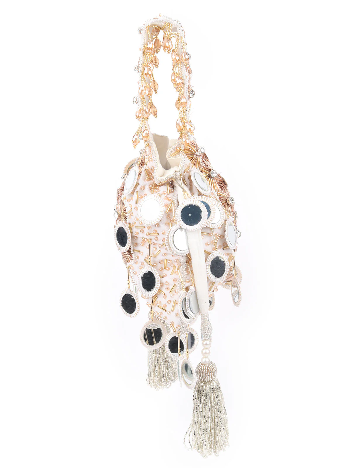 Odette White Suede Sequins, Mirror Work Potli For Women - Image 4