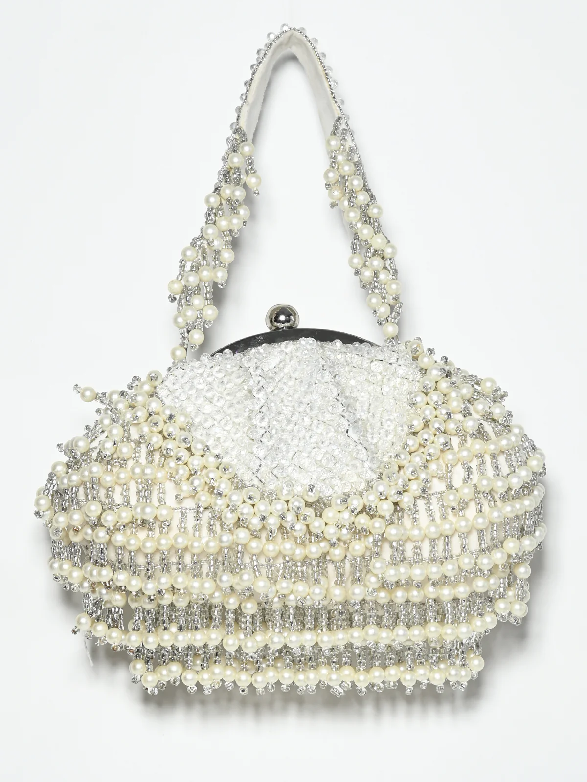 Odette White Suede Stone And Pearl Embellished Potli For Women - Image 2
