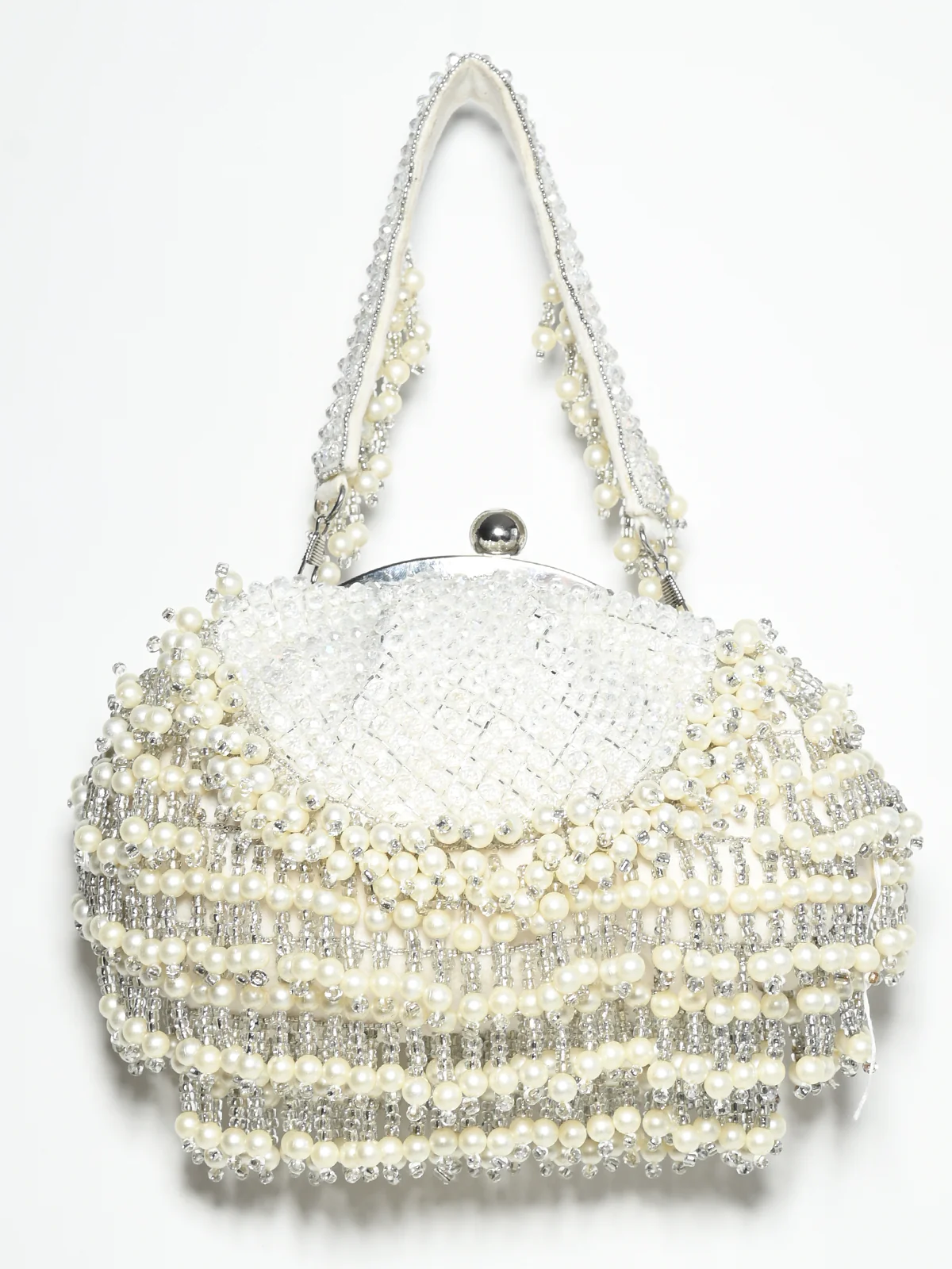 Odette White Suede Stone And Pearl Embellished Potli For Women - Image 4