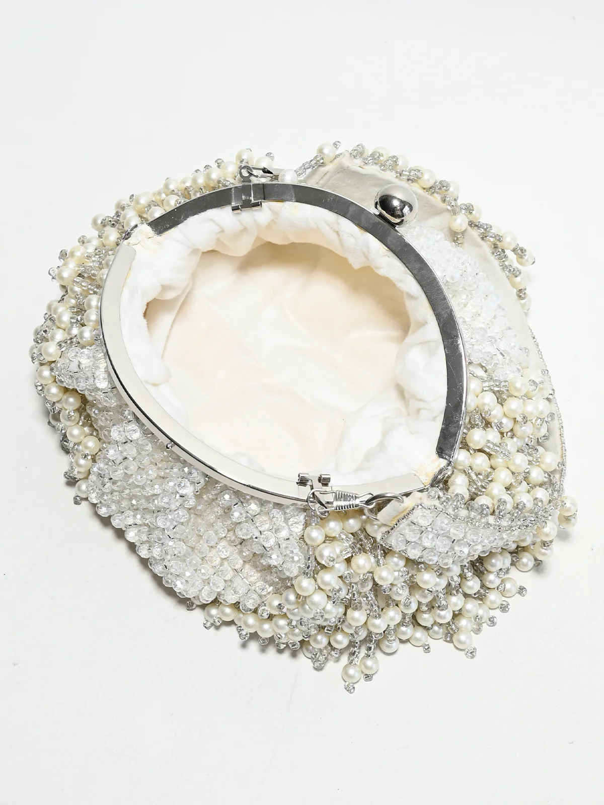 Odette White Suede Stone And Pearl Embellished Potli For Women - Image 5