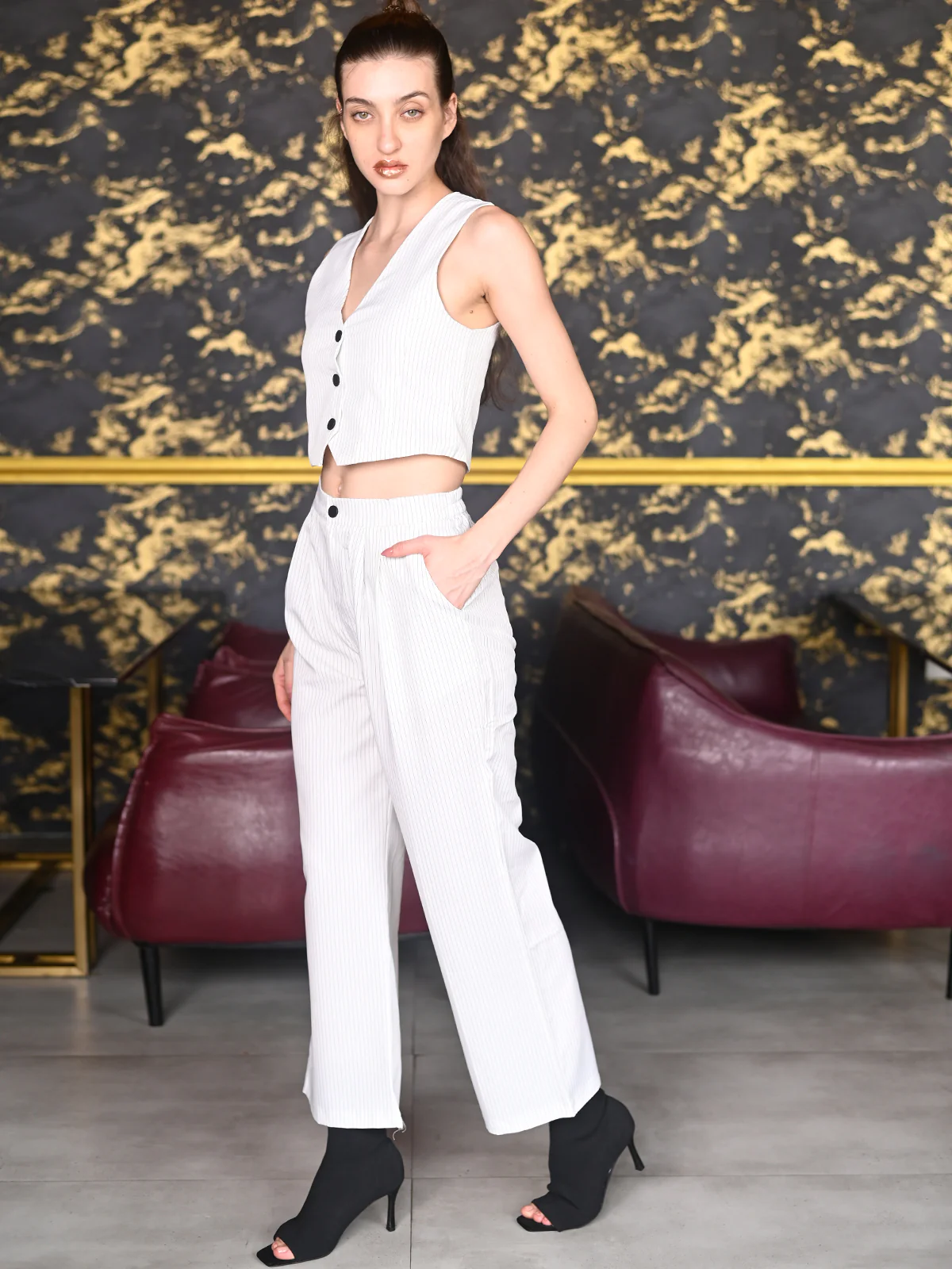 Odette White Suede Fabric Printed Stitched Co-Ord Set For Women - Image 3