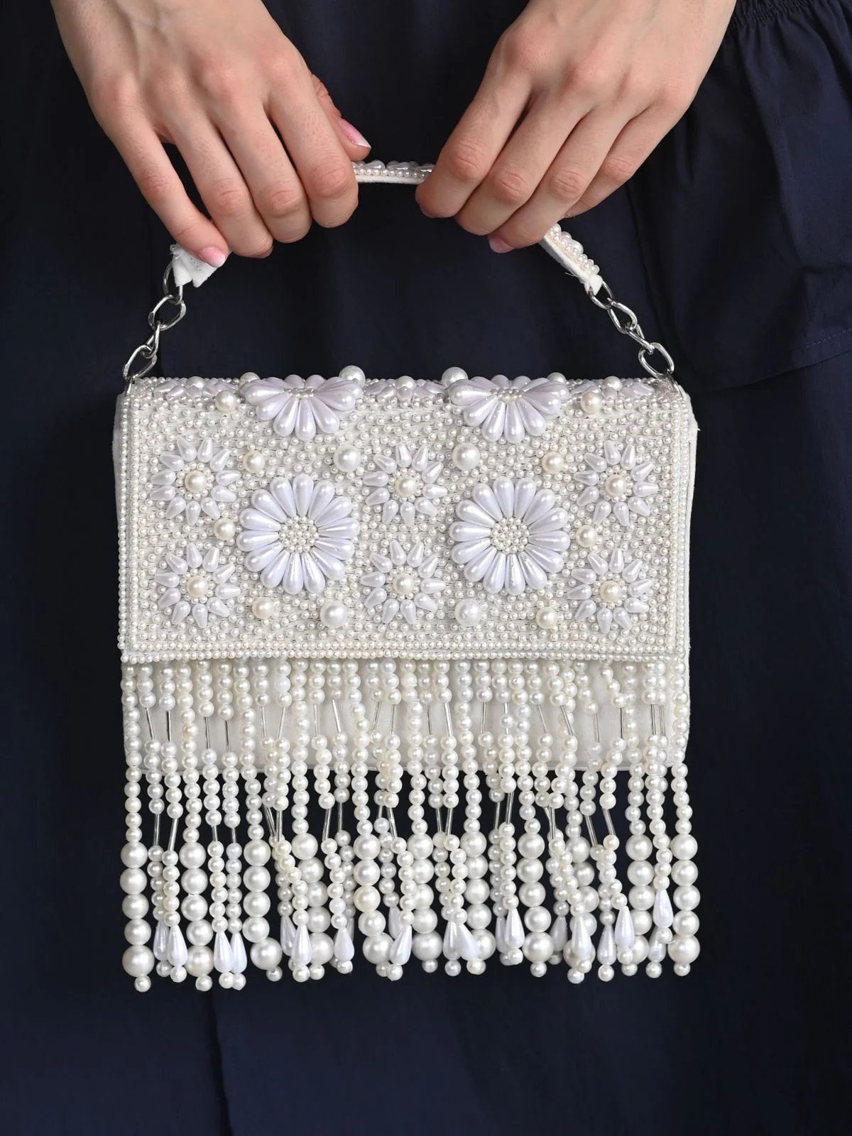 Odette White Tassels Embellished Clutch For Women - Image 2