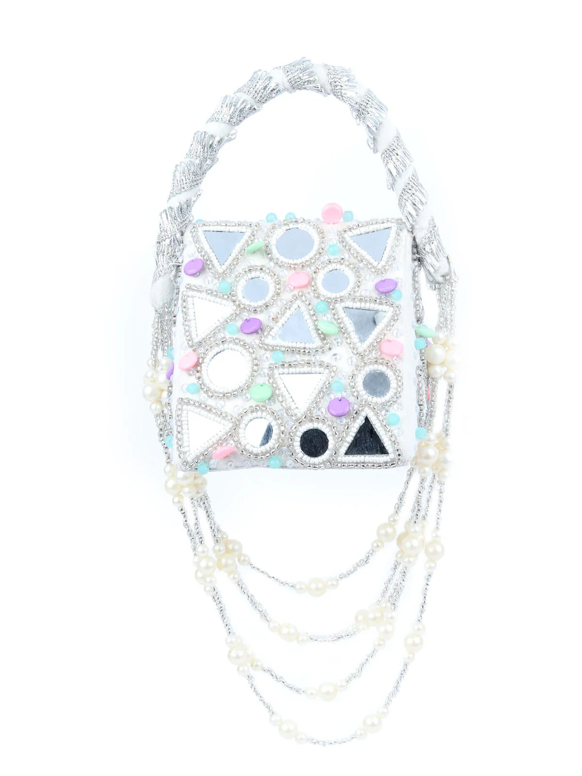 Odette White Velvet Embellished Hand Bag For Women - Image 3