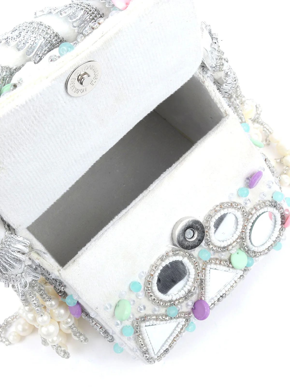 Odette White Velvet Embellished Hand Bag For Women - Image 4
