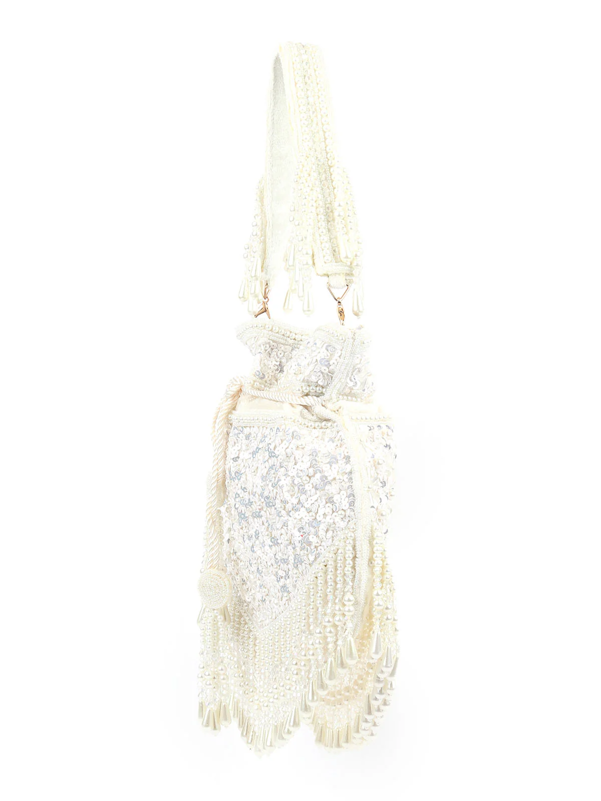 Odette White Velvet Embellished Potli For Women - Image 5