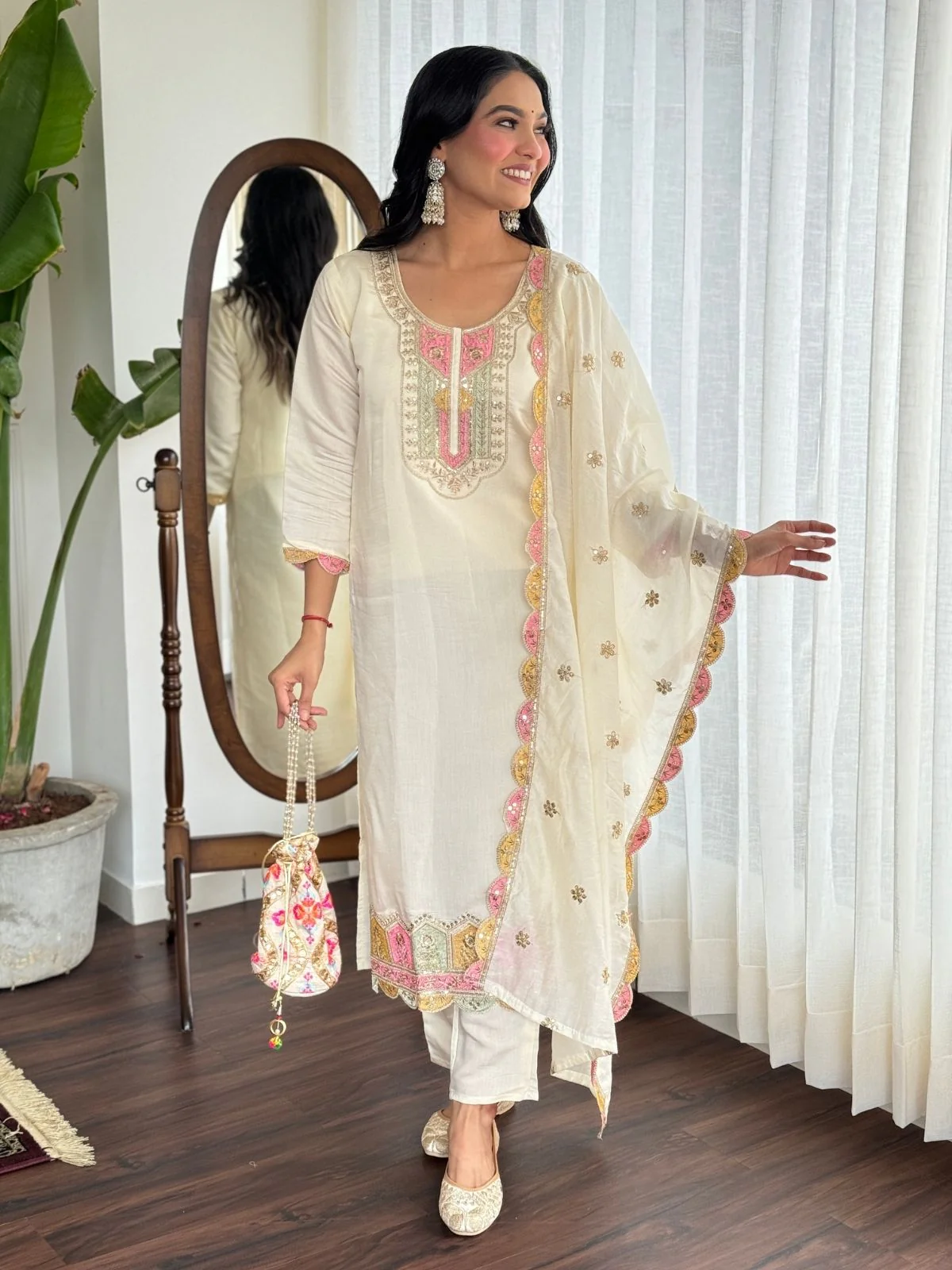 Odette White Viscose chanderi Embroidered Stitched Kurta Set For Women - Image 3