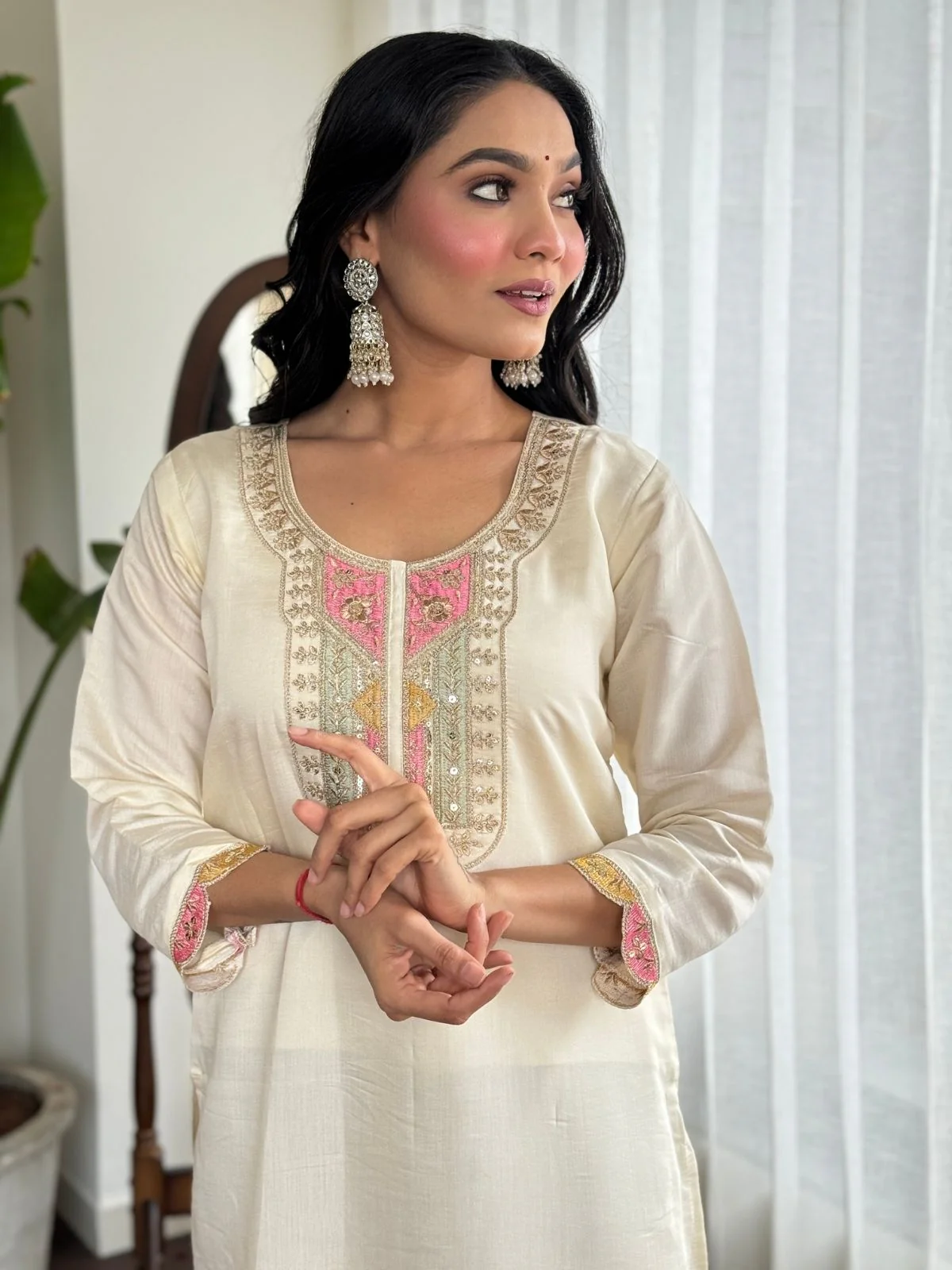 Odette White Viscose chanderi Embroidered Stitched Kurta Set For Women - Image 4