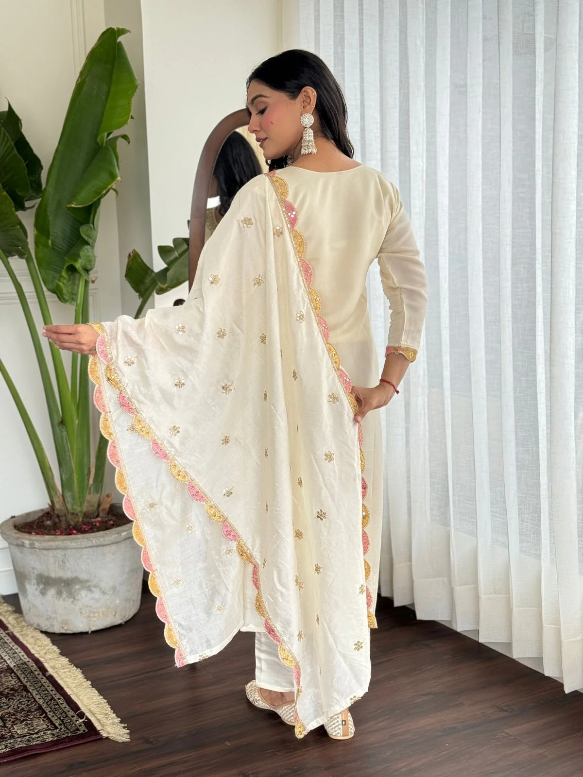 Odette White Viscose chanderi Embroidered Stitched Kurta Set For Women - Image 5