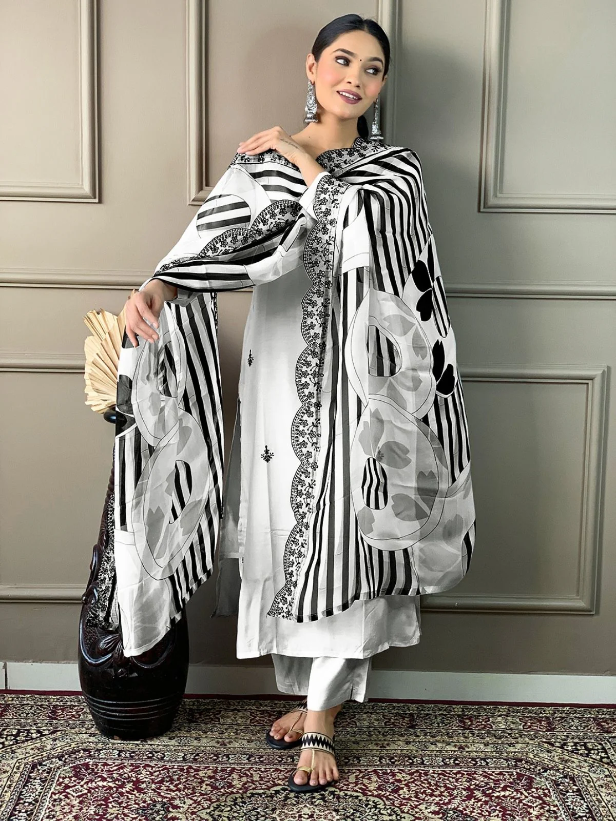 Odette White Viscose chanderi Embroidered Stitched Kurta Set For Women - Image 3