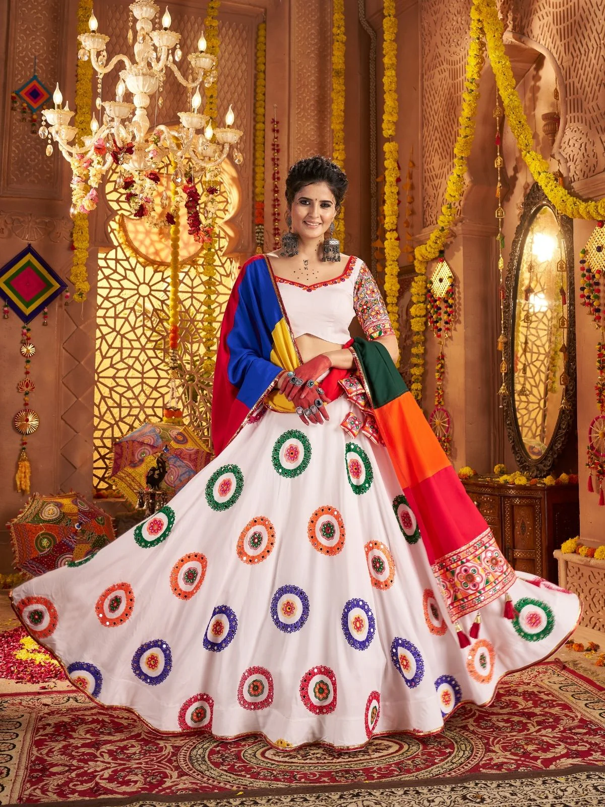 Odette White Viscose Cotton Embroidered Semi-Stitched lehenga With Stunning Tassels For Women - Image 2