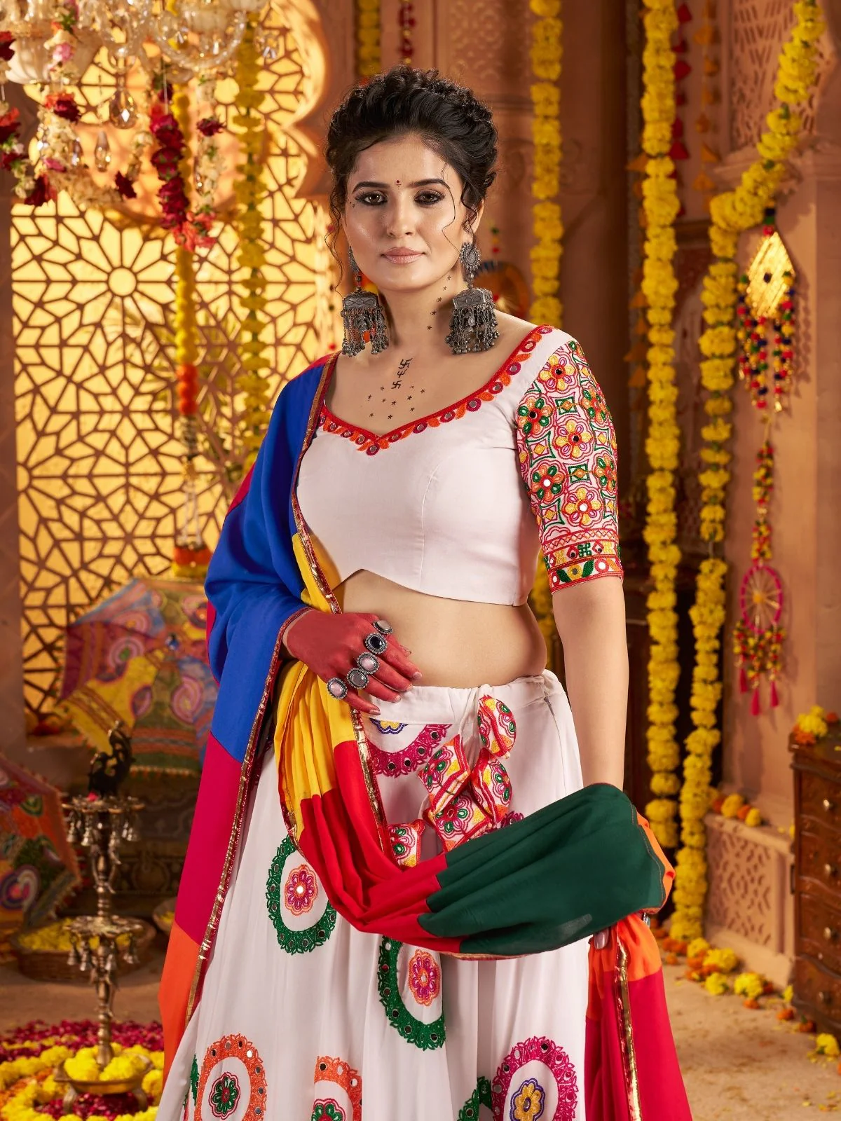 Odette White Viscose Cotton Embroidered Semi-Stitched lehenga With Stunning Tassels For Women - Image 3