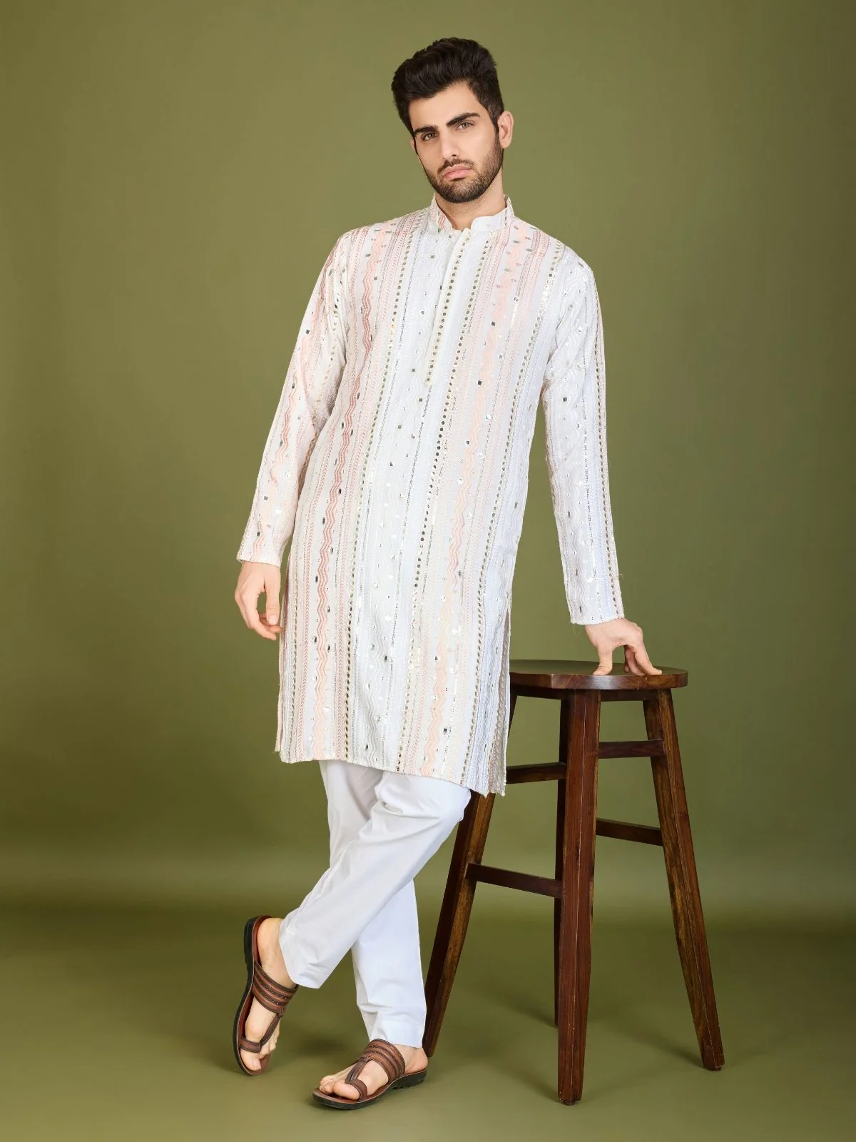 Odette White Viscose Rayon Embroidered Stitched Kurta For Men - Image 2