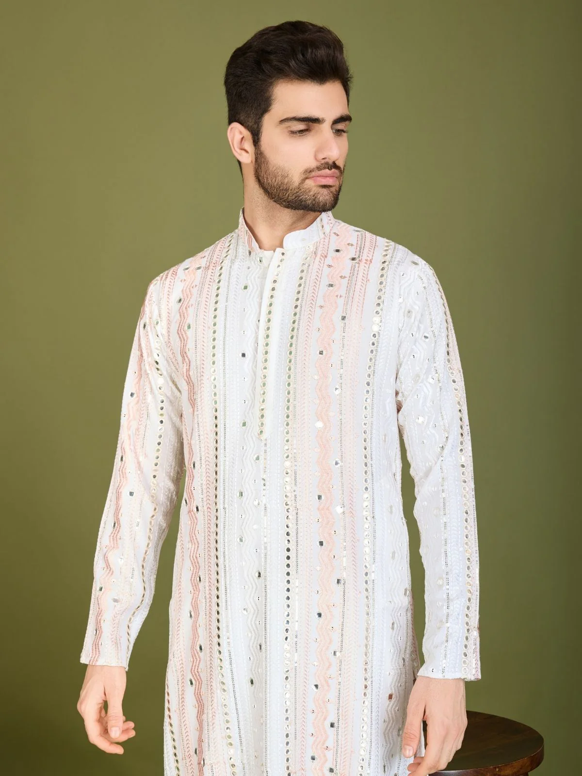 Odette White Viscose Rayon Embroidered Stitched Kurta For Men - Image 5